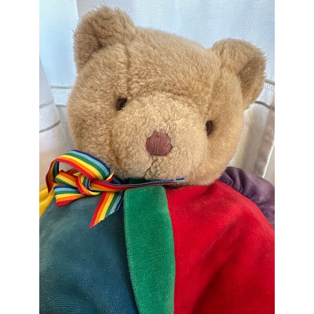 Vintage Color Block Teddy Bear Plush Rainbow Ribbon Primary Colors Velour 7.6oz - Picture 9 of 9